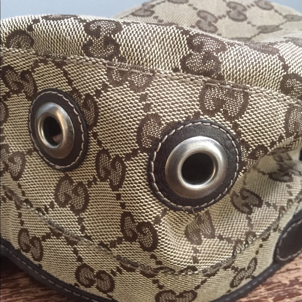 Gucci GG Canvas Military Cap Brown Leather Trim L